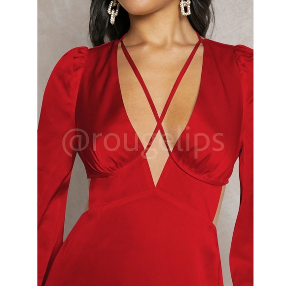 Strappy Red Satin Cut Out V-Neck Short Dress Long Lantern Sleeves Tie Neck - Picture 3 of 9